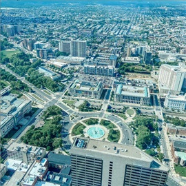 Aerial view of Philadelphia over Logan Circle and north